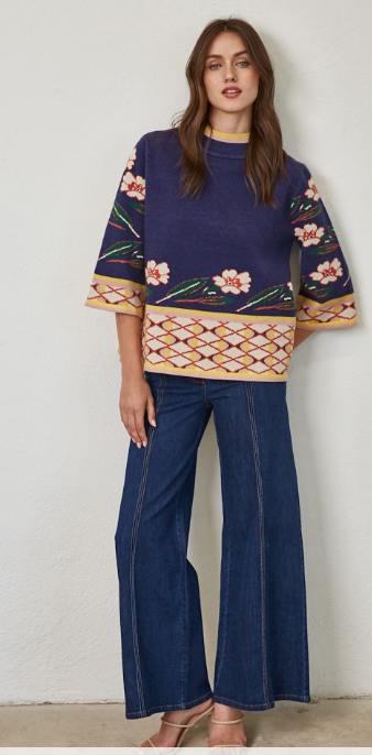 FLORAL JACQUARD PATTERN KNIT SWEATER
