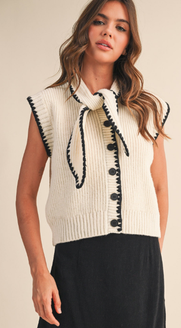 BLANKET STITCH TIE NECK SWEATER VEST- IVORY/BLACK