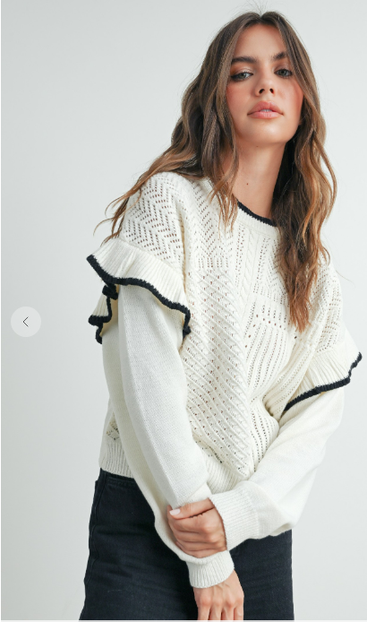 RUFFLED SHOULDER KNIT SWEATER