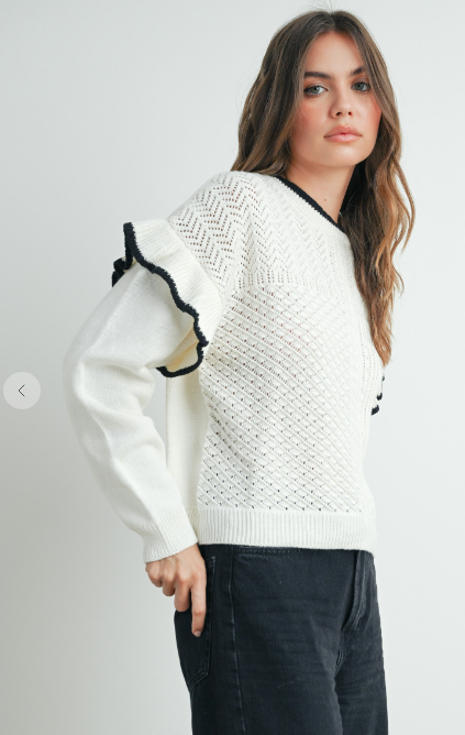 RUFFLED SHOULDER KNIT SWEATER
