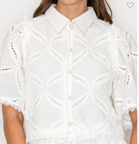 WHITE EMBROIDERED FLARE SLEEVE BLOUSE