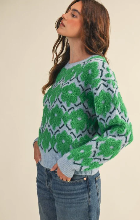 FUZZY FLORAL CREW SWEATER
