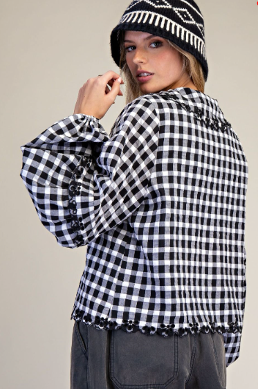 BOW FRONT GINGHAM BLOUSE