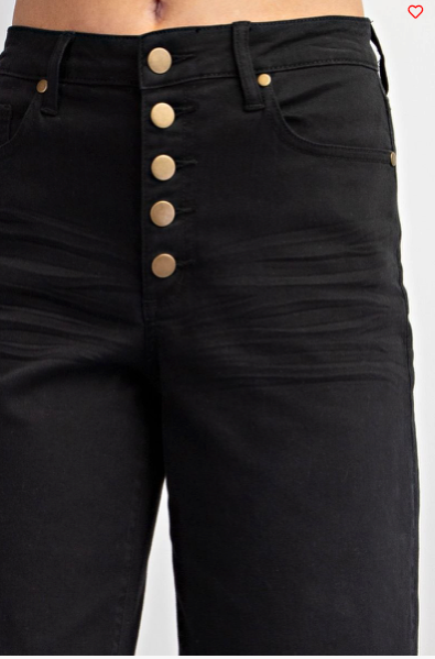 BUTTON FLY TWILL WIDE BOTTOM PANTS-BLACK