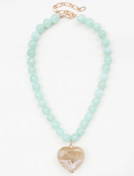 MINT BEADED NECKLACE WITH TAN HEART CHARM