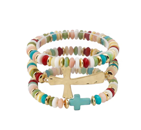 MULTI BEADED CROSS STRETCH BRACELET SET