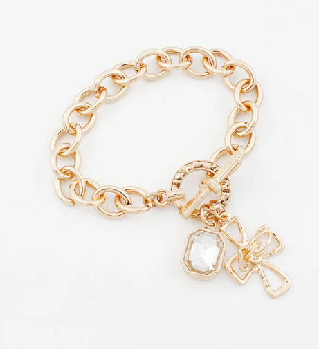 GOLD OPEN CHAIN BRACELET WITH CROSS AND CRYSTAL PENDANT