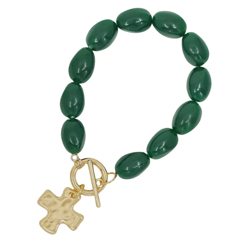 EMERALD GREEEN OVAL BEADED CROSS STRETCH BRACELET