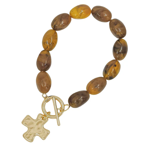 TORTOISE OVAL BEADED CROSS BRACELET