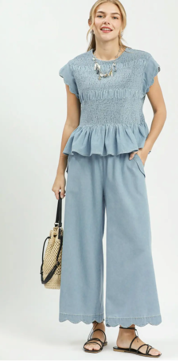 CHAMBRAY SCALLOPED HEM PANT