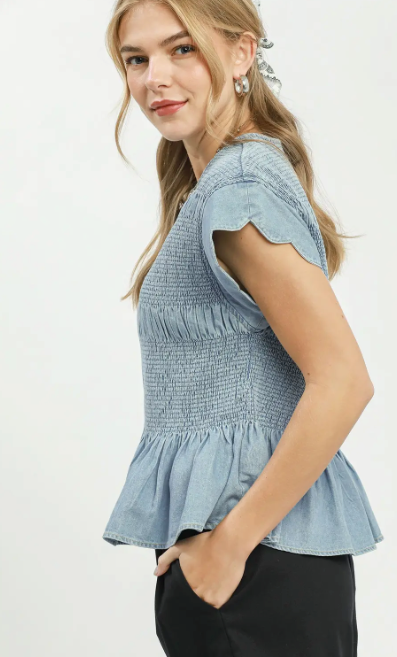 CHAMBRAY SMOCKED PEPLUM TOP