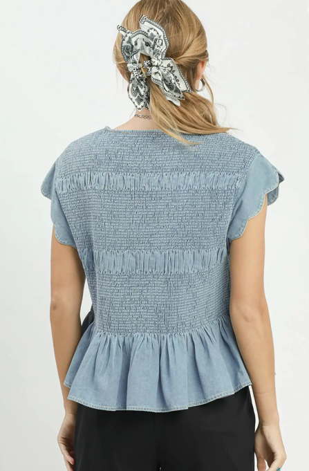 CHAMBRAY SMOCKED PEPLUM TOP