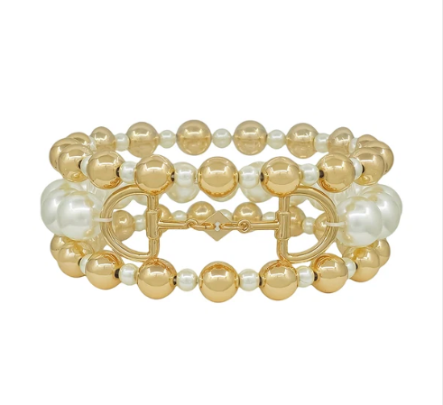 GOLD AND PEARL HORSEBIT STRETCH BRACELET SET
