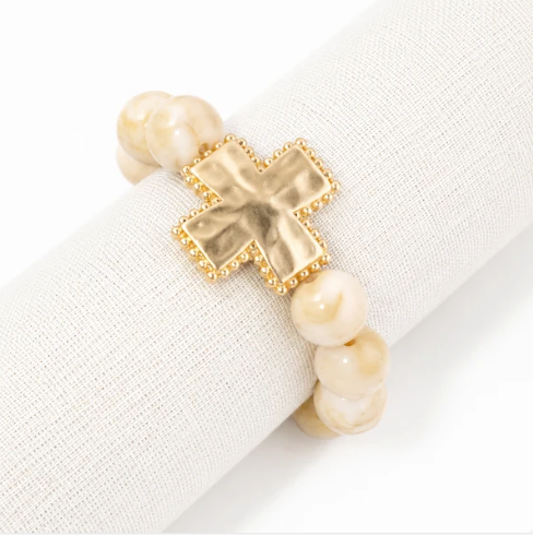 NATURAL BEADED HAMMERED CROSS BRACELET
