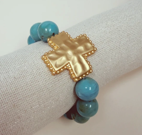 TURQUOISE BEADED AND HAMMERED CROSS BRACELET