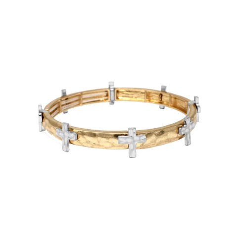 GOLD HAMMERED STRETCH BRACELET WITH SILVER CROSSES