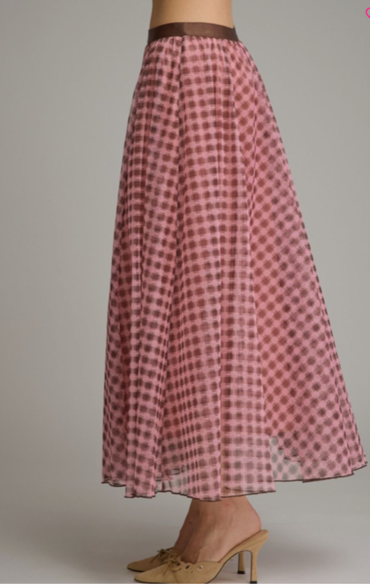 PINK AND BROWN MESH MIDI SKIRT