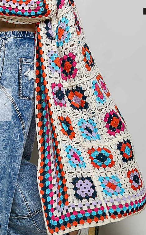 OPEN FRONT CROCHET PATTERNED DUSTER