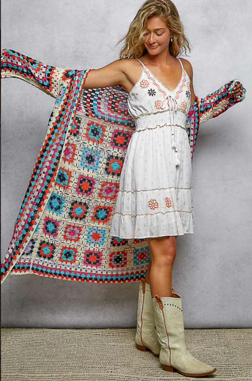 OPEN FRONT CROCHET PATTERNED DUSTER