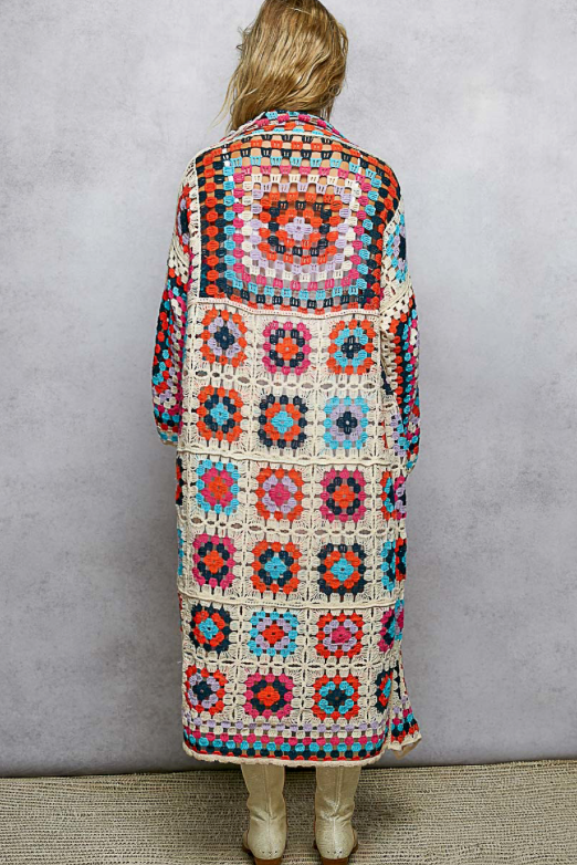 OPEN FRONT CROCHET PATTERNED DUSTER