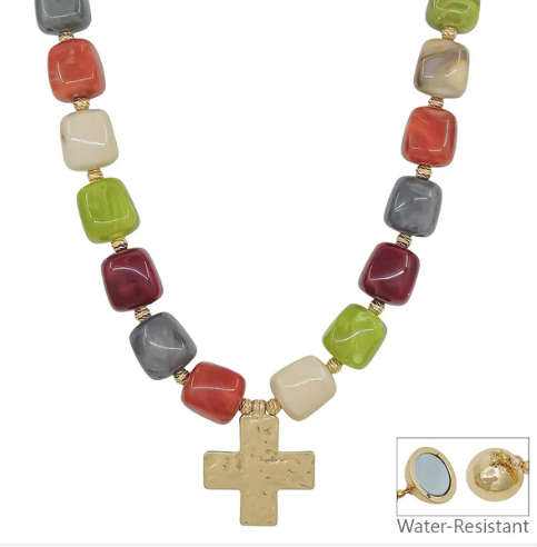 MULTI RESIN BEADED CROSS NECKLACE