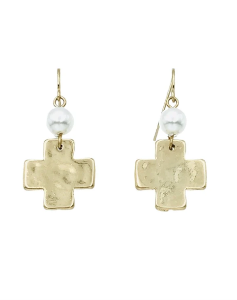 PEARL ACCENT CROSS EARRING