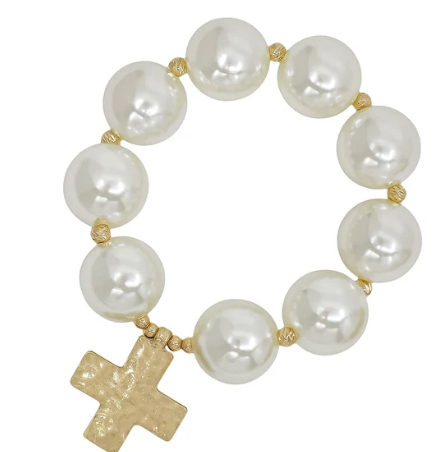 PEARL BEADED CROSS STRETCH BRACELET