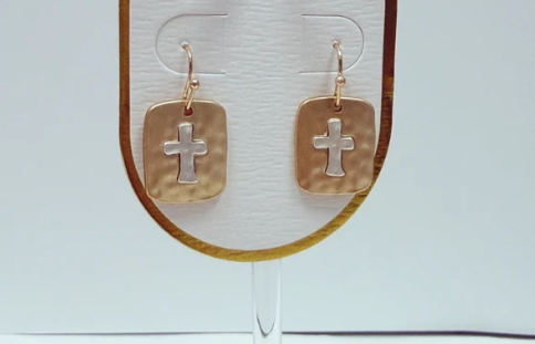 MATTE GOLD AND SILVER CROSS SQUARED EARRING