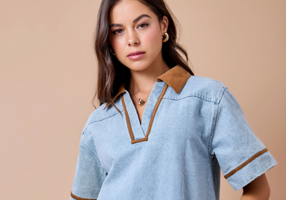 WASHED DENM DRESS WITH CORDUROY TRIM