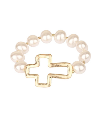 CROSS PEARL STRETCH BRACELET