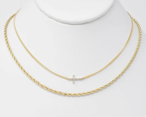 GOLD BRAIDED LAYERED CROSS NECKLACE
