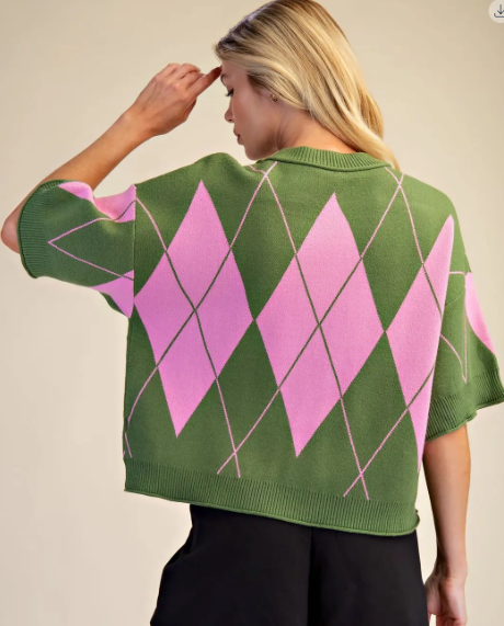 OLIVE AND PINK ARGYLE SWEATER