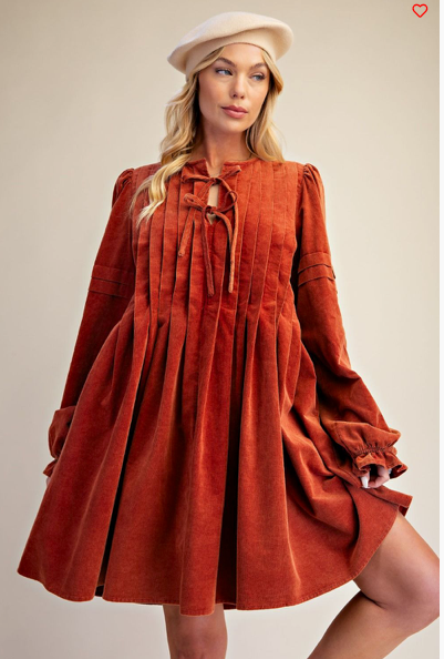 CORDUROY PLEATED DRESS